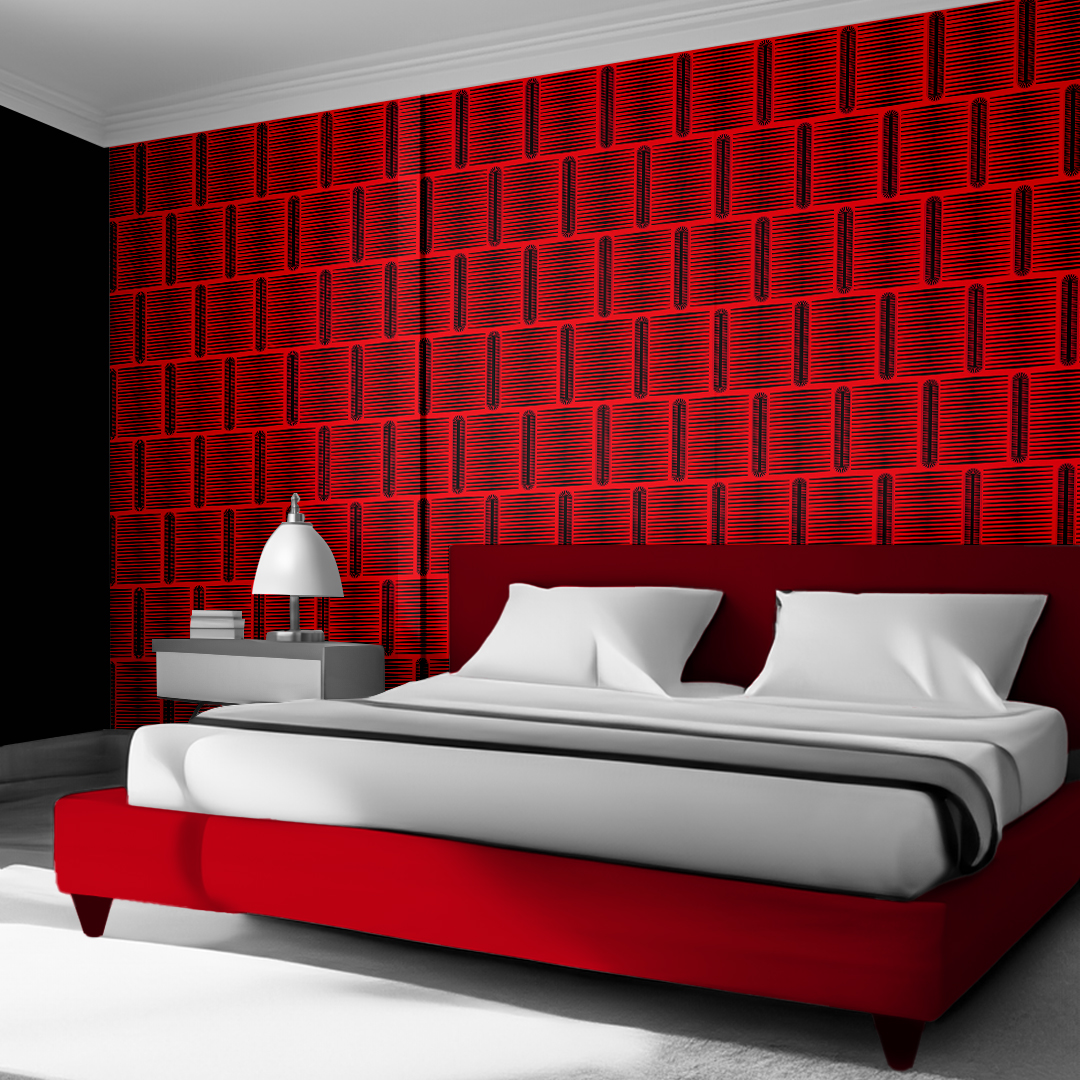 The artwork features a repeating geometric pattern of symmetrical shapes resembling elongated, curved diamonds or petals in various shades of blue and green. Each shape is split vertically with one half filled with a light blue and the other half filled with green or darker blue. The background is a light, almost pastel blue, which provides a soft yet vibrant backdrop. One of the blue shapes near the upper left contains a white starburst element, adding a focal point of brightness to the composition. The overall design conveys a modern, mid-century aesthetic with clean lines and harmonious color contrasts.